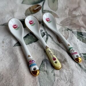 Vintage Porcelain Floral Demitasse Spoons Set 3 Gold Gilt Rose Tea Salt Spoons